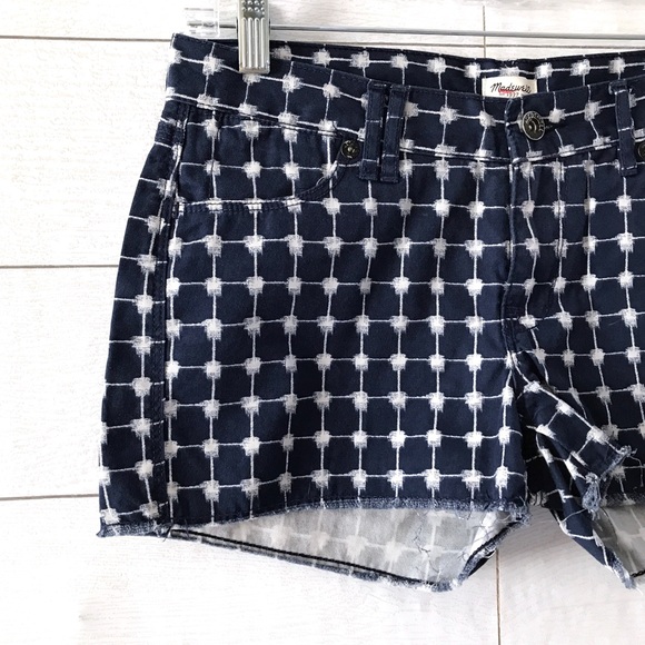 Madewell Navy White Grid Print Denim Shorts - Picture 3 of 8